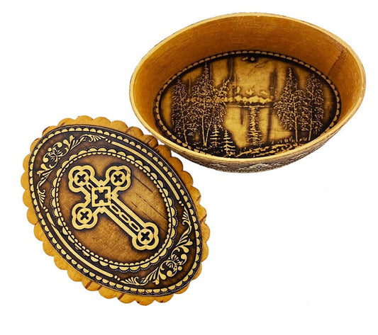 Wooden Box, Ornate Cross on birch