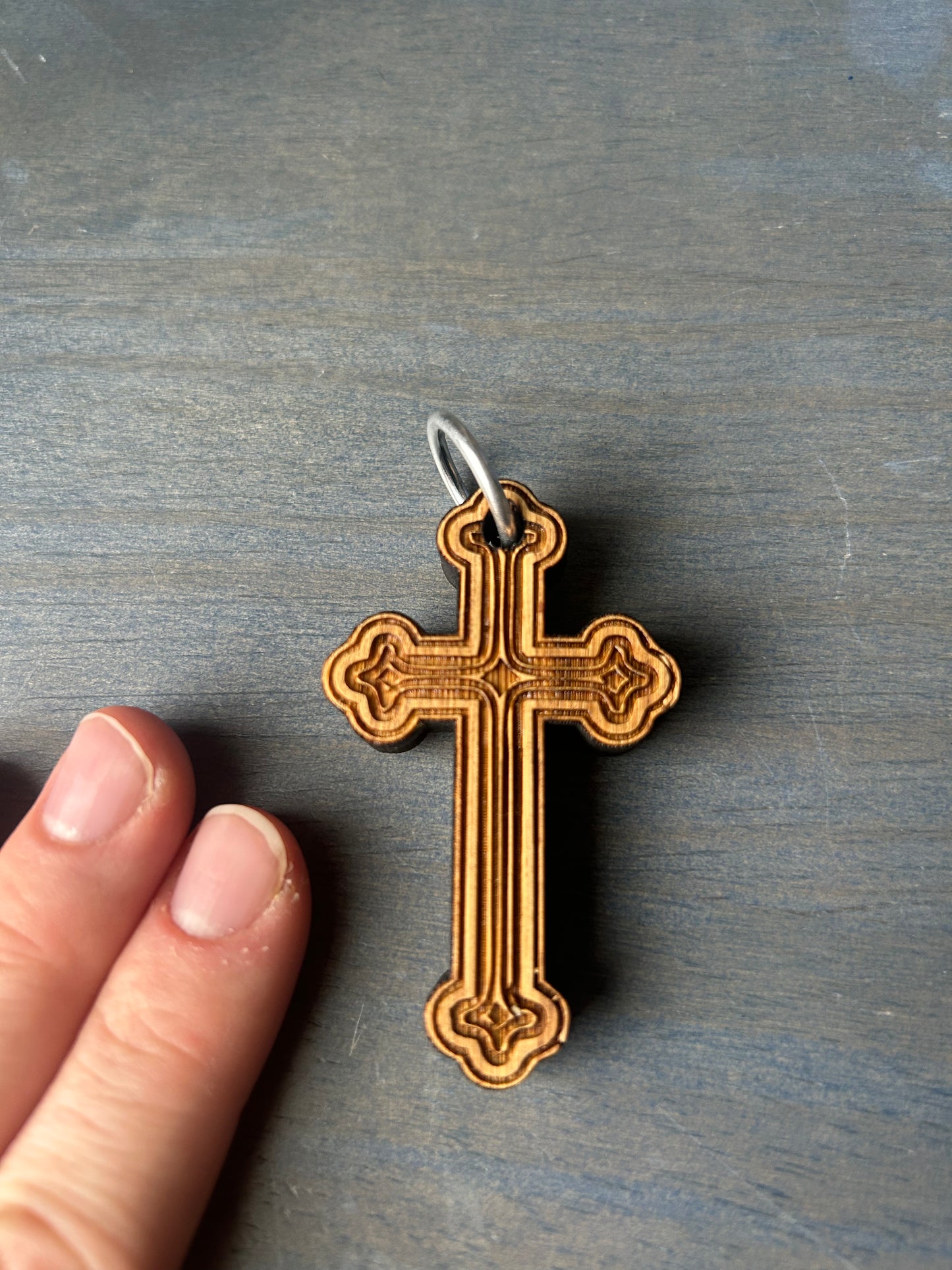 Rounded Cross Wooden Keychain