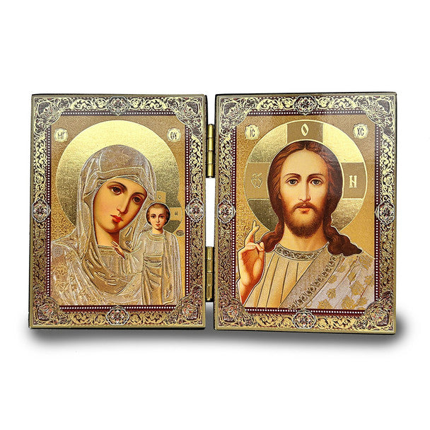 Diptych: Virgin of Kazan and Christ Blessing, gold foil, small icons