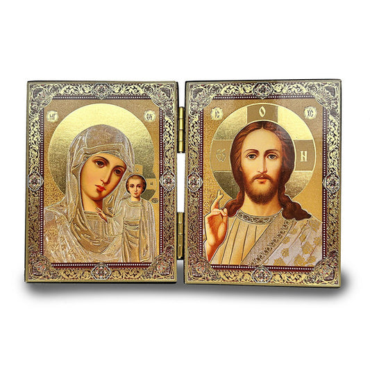 Diptych: Virgin of Kazan and Christ Blessing, gold foil, small icons