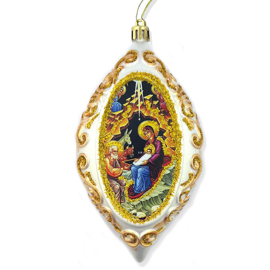 Ornament, Nativity Teardrop, white and gold