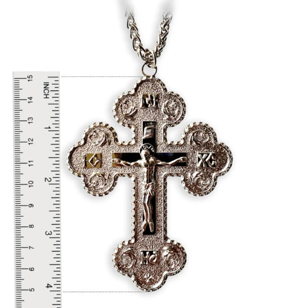 Clergy Crucifix - LARGE Silvertone pectoral cross 4 inches tall, chain 46 inches included