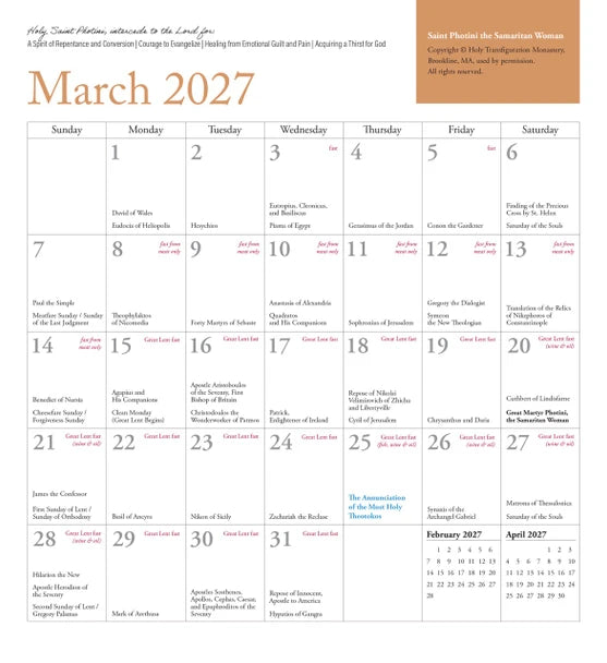 2027 Icon Calendar: Saints for Various Needs (Gregorian version, new calendar)
