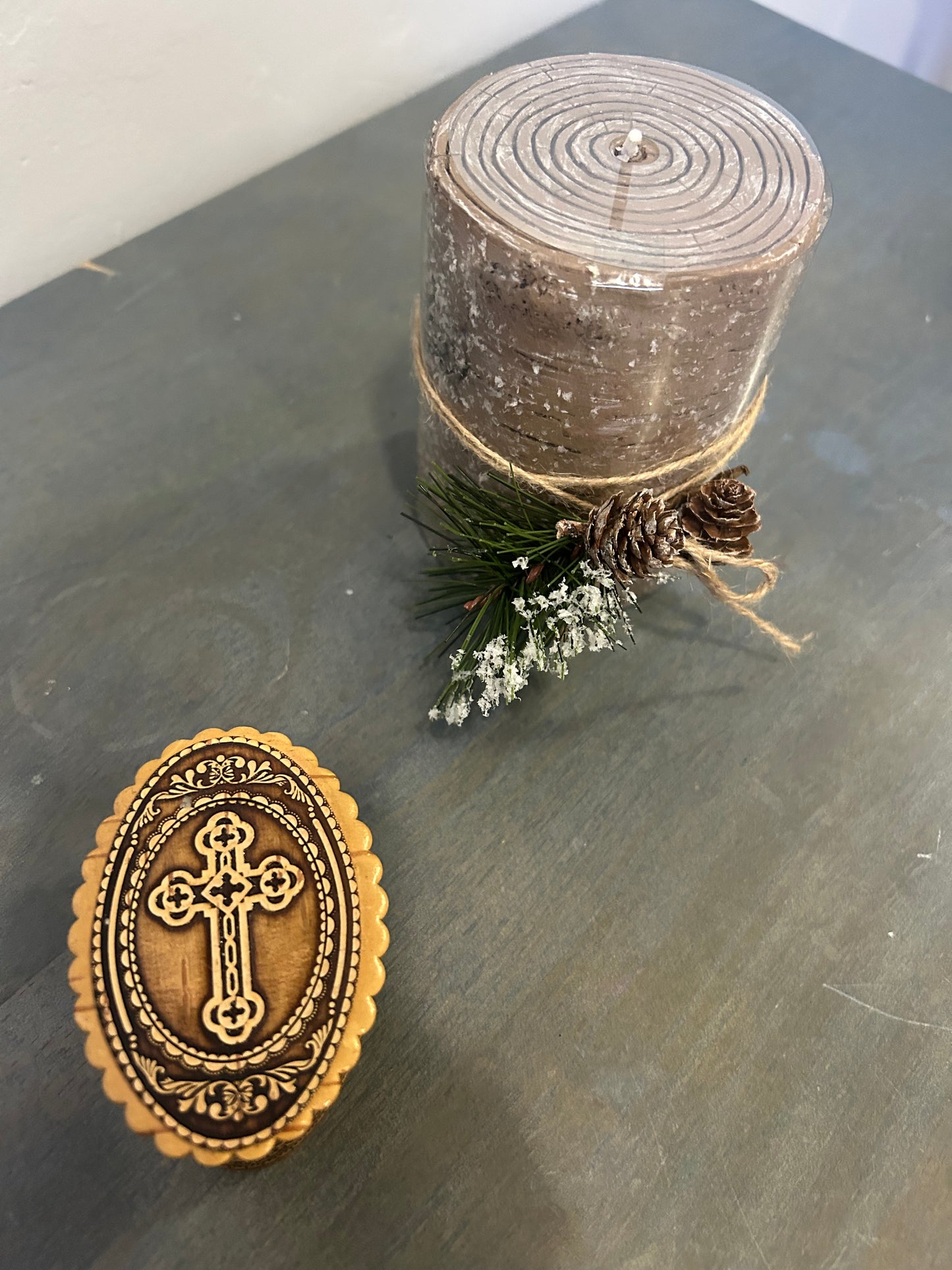 Wooden Box, Ornate Cross on birch