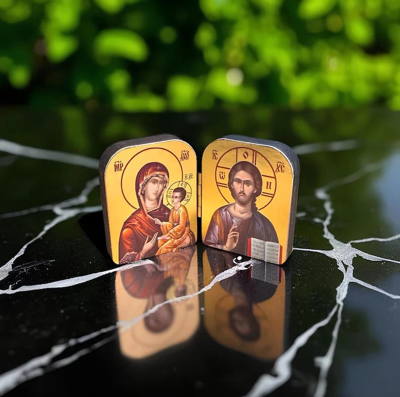 Diptych: Wooden Pocket Icon (2.73 in) Virgin Mary “Unfading Flower” and Jesus Christ