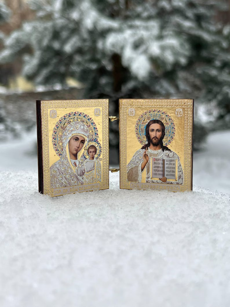 Diptych: Wooden Pocket Icon (1.6x2 inch) Kazan Mother of God, Jesus Christ Icon